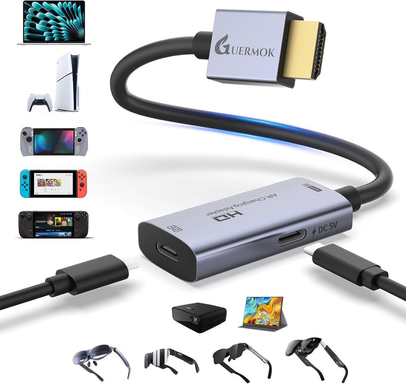 Guermok AR Glasses HDMI to USB-C Display Adapter, 4.9ft 4K@60Hz Play and Charge XR Converter with DC 5V, for XREAL One/Air 2 Pro/RayNeo/Rokid, Switch 2/1, Xbox1, PS4/5, Portable Monitors, Silver - Image 1